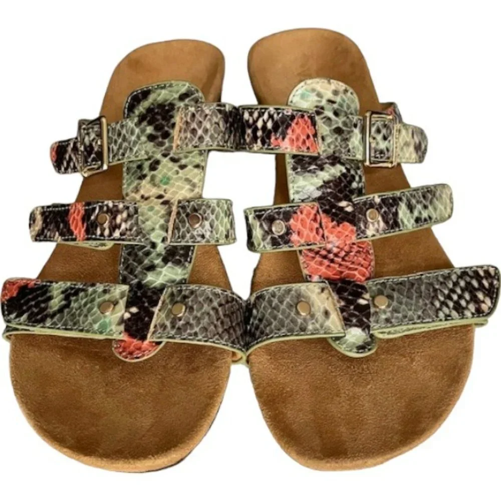 Vionic 381 Radia 3-Strap Wedge Sandals - Bluish/Brown/Salmon - 8 Wide